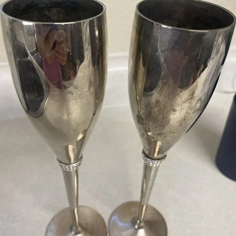 Things Remembered Silver Plated Swarovski Crystal Champagne Toasting Flutes Set